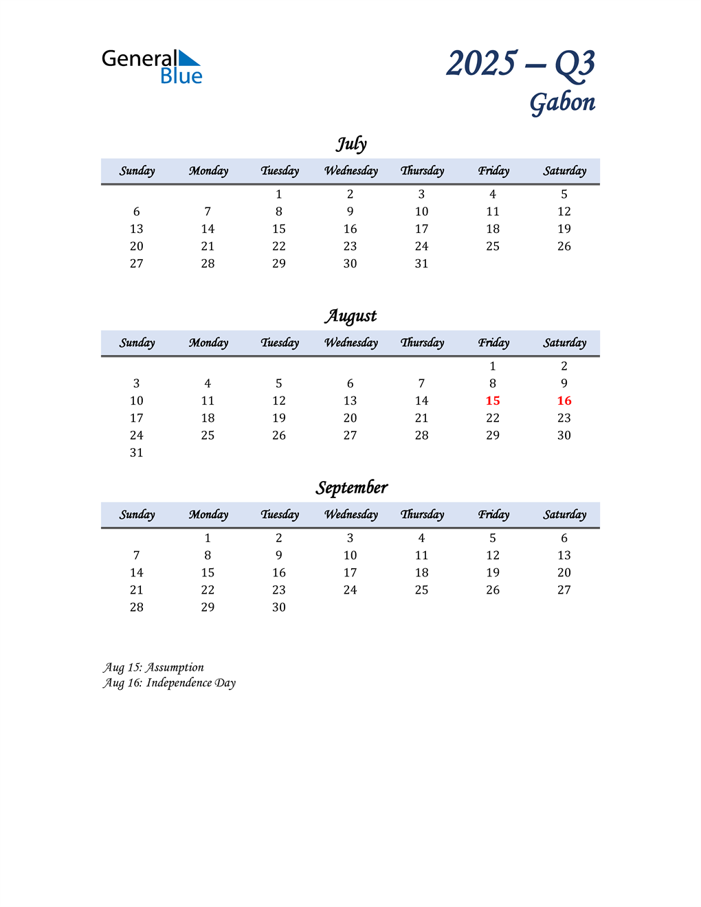  July, August, and September Calendar for Gabon