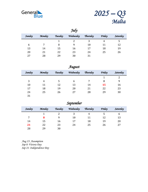  July, August, and September Calendar for Malta