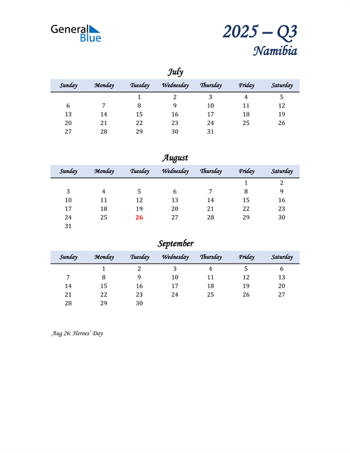  July, August, and September Calendar for Namibia