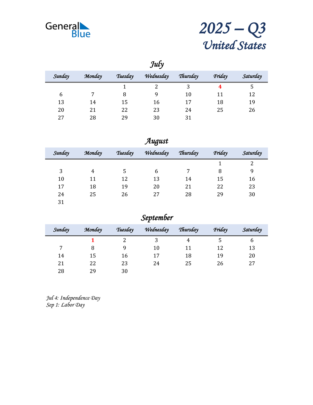  July, August, and September Calendar for United States