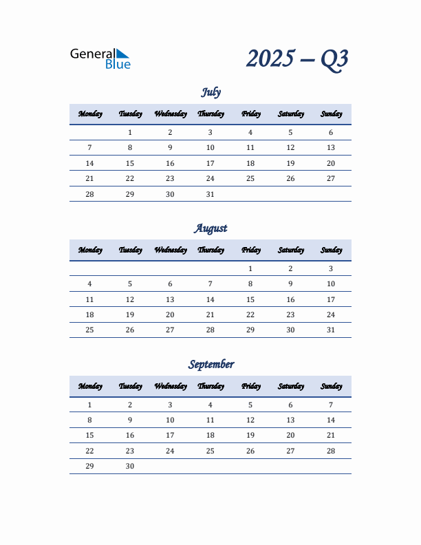 Monday Start 2025 Quarterly Calendar