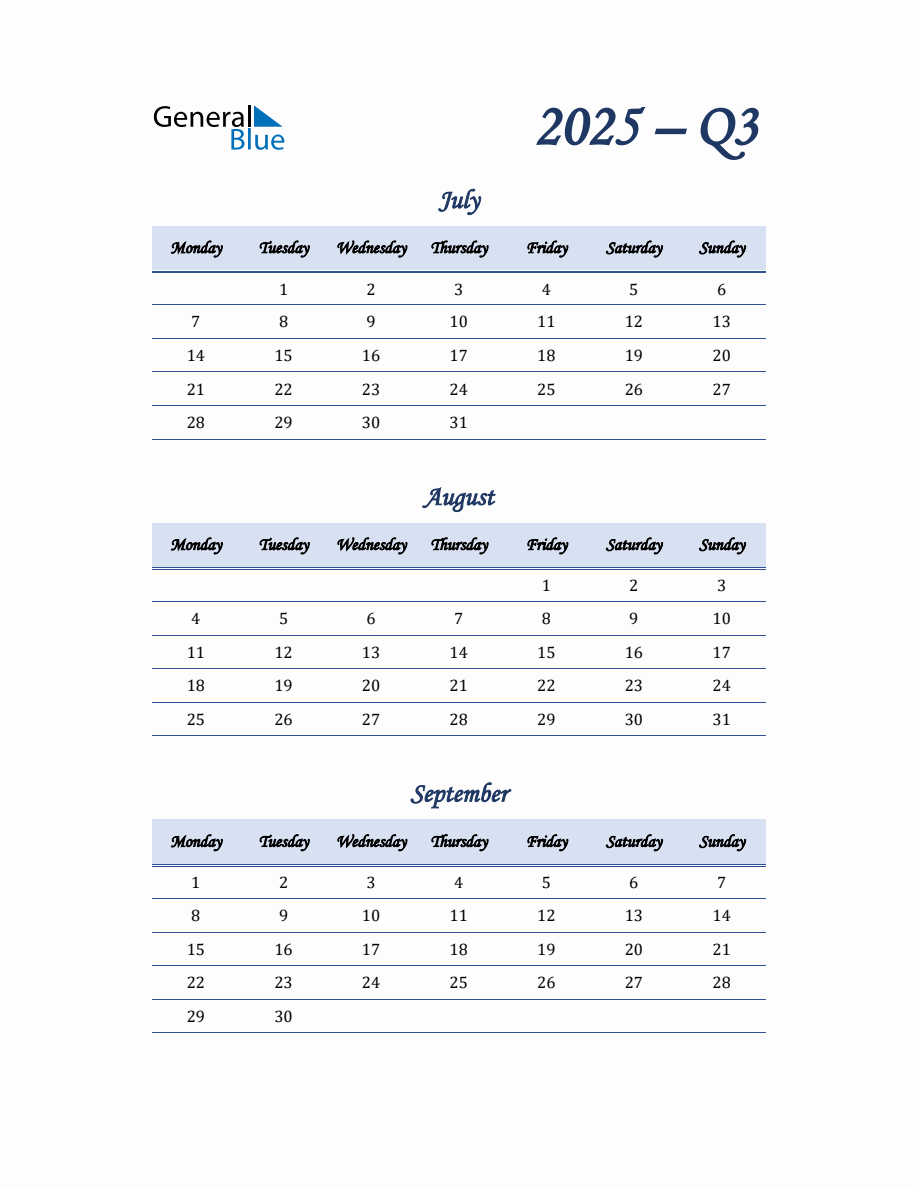 Quarterly Calendar for Quarter 3 2025 in PDF, Word, Excel