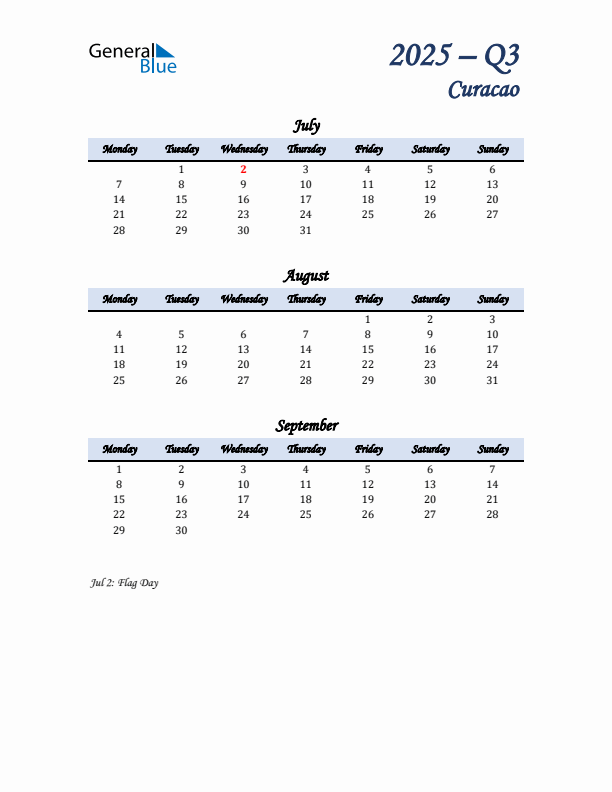 July, August, and September Calendar for Curacao with Monday Start