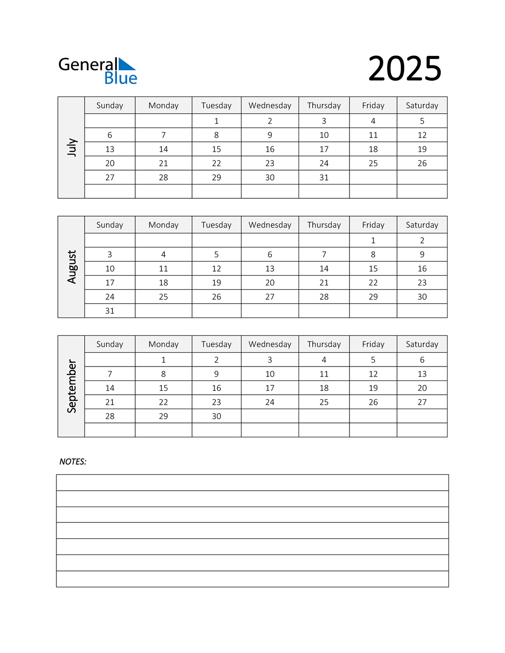  Q3 2025 Calendar with Notes