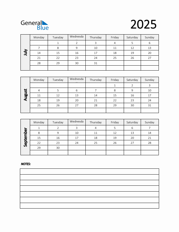 Q3 2025 Calendar with Notes