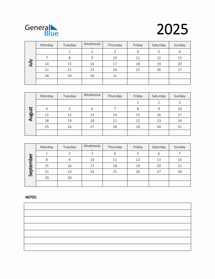 Q3 2025 Calendar Template with Notes in PDF, Word, and Excel