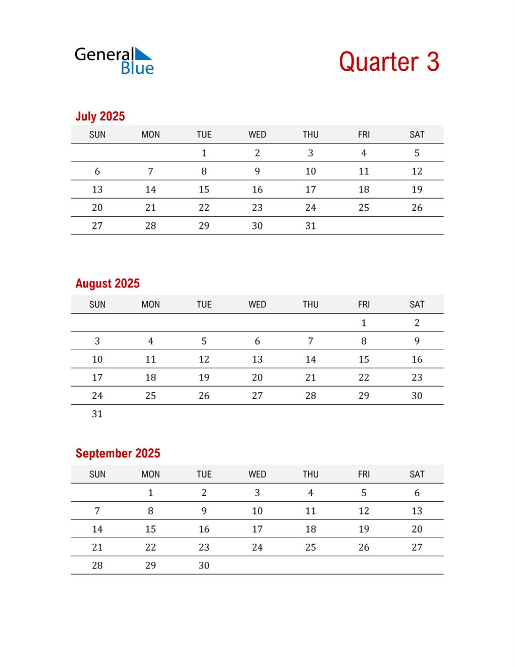  Three-Month Printable Calendar 2025