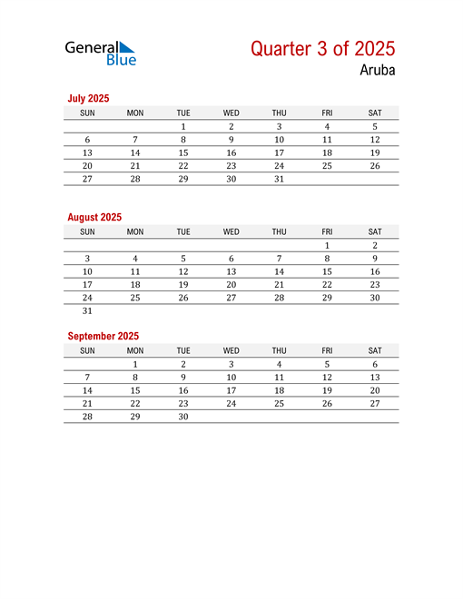  Printable Three Month Calendar for Aruba