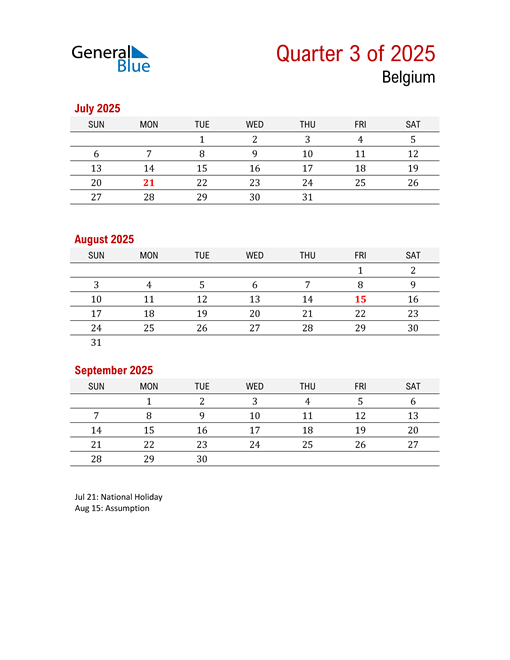  Printable Three Month Calendar for Belgium