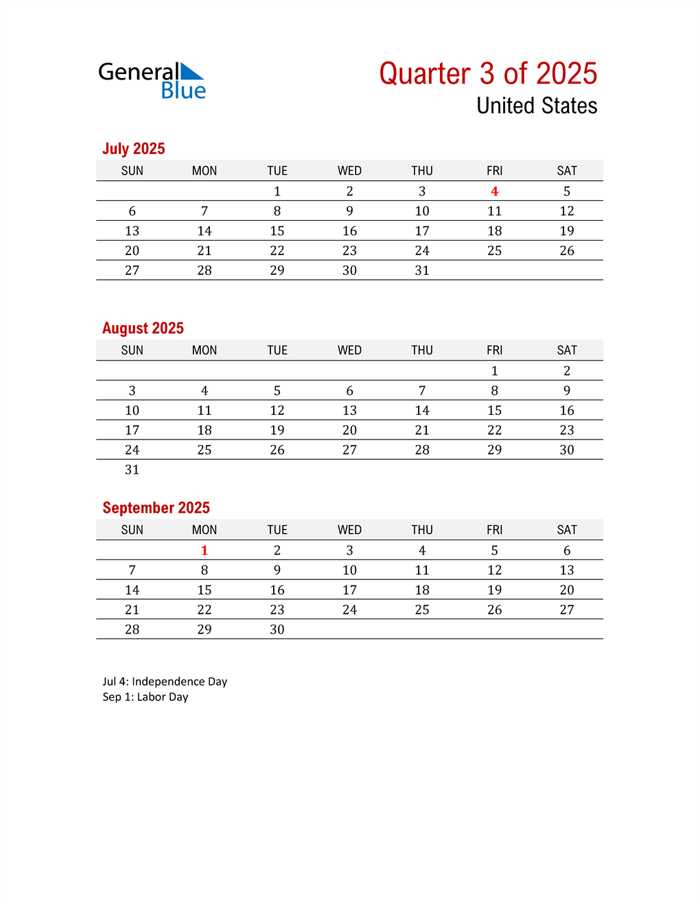  Printable Three Month Calendar for United States