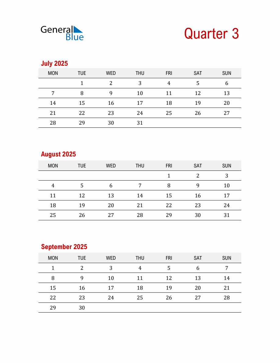 Quarter 3 2025 Calendar Printable (PDF, Word, Excel)
