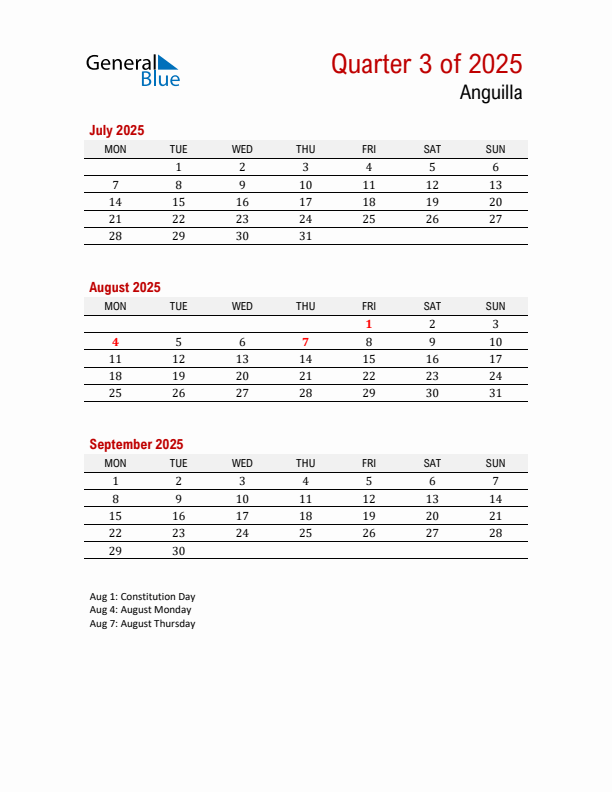 Threemonth calendar for Anguilla Q3 of 2025