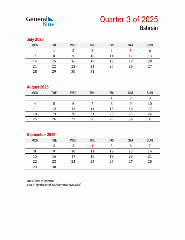 Printable Three Month Calendar with Bahrain Holidays