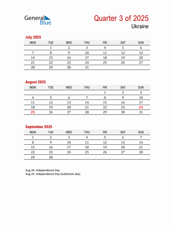Threemonth calendar for Ukraine Q3 of 2025