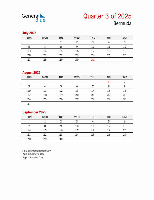Printable Three Month Calendar with Bermuda Holidays