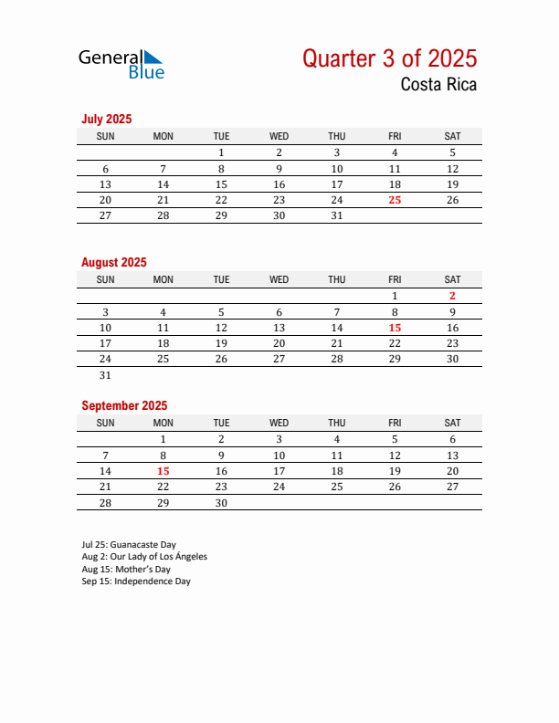 Q3 2025 Quarterly Calendar with Costa Rica Holidays (PDF, Excel, Word)