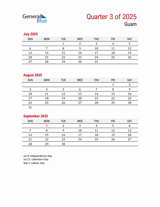 Printable Three Month Calendar with Guam Holidays