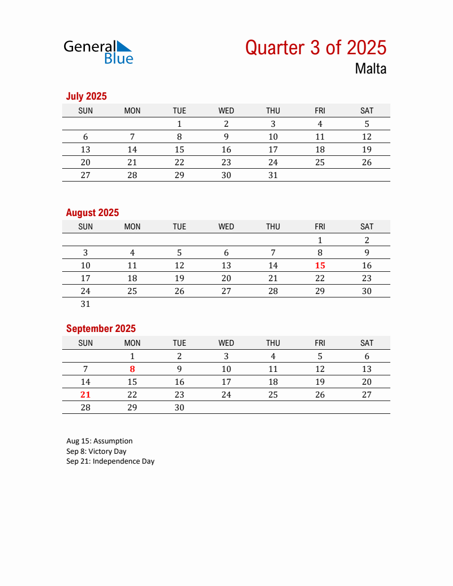 Printable Three Month Calendar with Malta Holidays