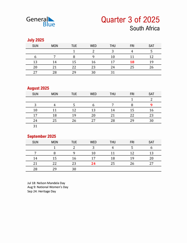 Q3 2025 Quarterly Calendar with South Africa Holidays