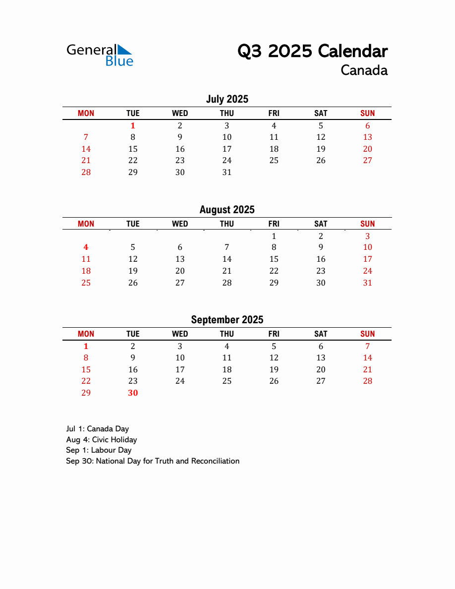 2025 Q3 Calendar with Holidays List for Canada