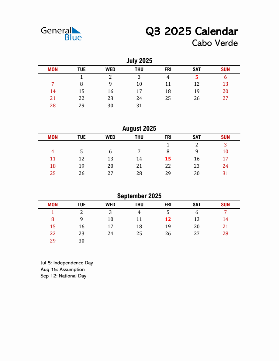 2025 Q3 Calendar with Holidays List for Cabo Verde