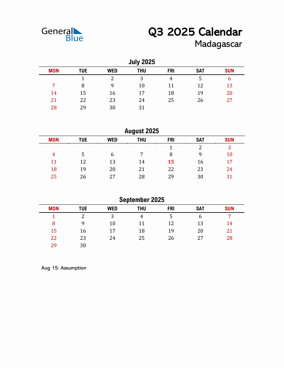 2025 Q3 Calendar with Holidays List for Madagascar