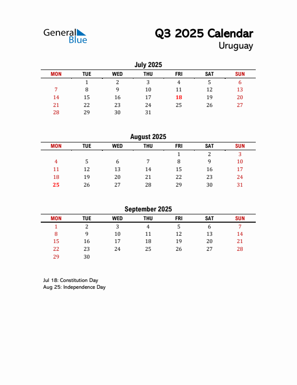 2025 Q3 Calendar with Holidays List for Uruguay