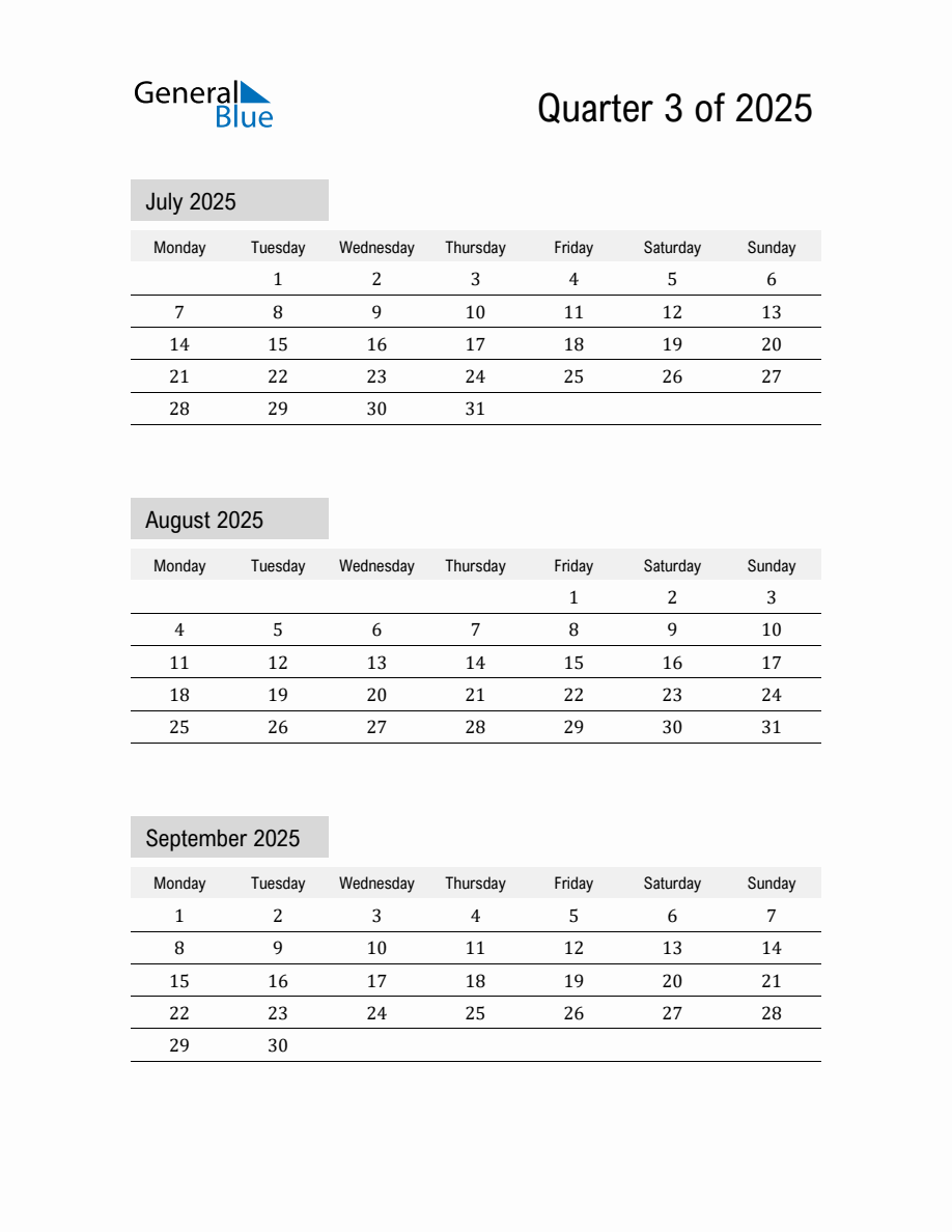 July, August, and September 2025 Calendar Template