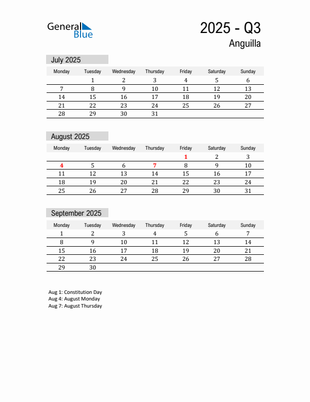 Anguilla Quarter 3 2025 Calendar with Holidays