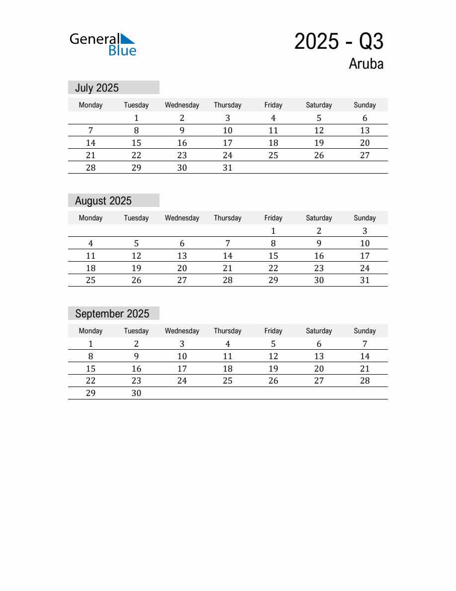 Aruba Quarter 3 2025 Calendar with Holidays