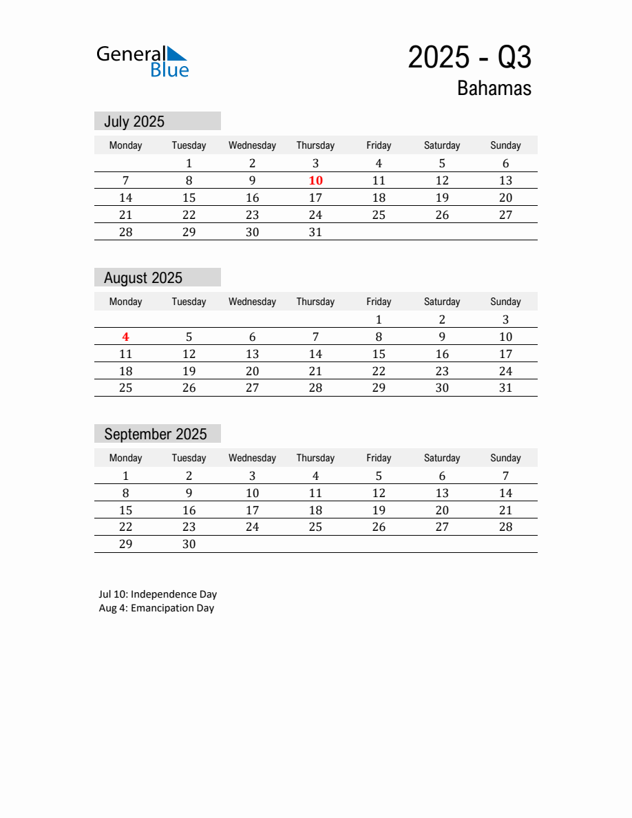 Bahamas Quarter 3 2025 Calendar with Holidays