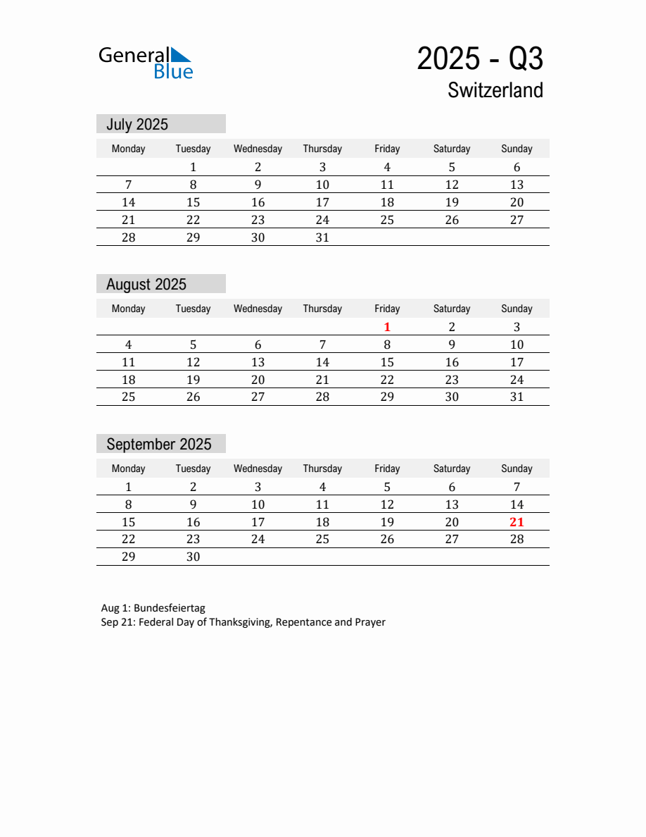 Switzerland Quarter 3 2025 Calendar with Holidays