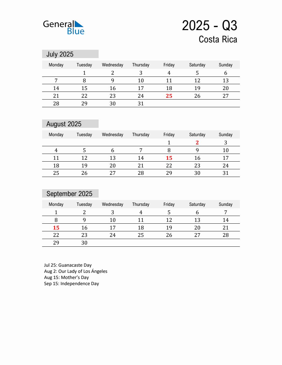 Costa Rica Quarter 3 2025 Calendar with Holidays