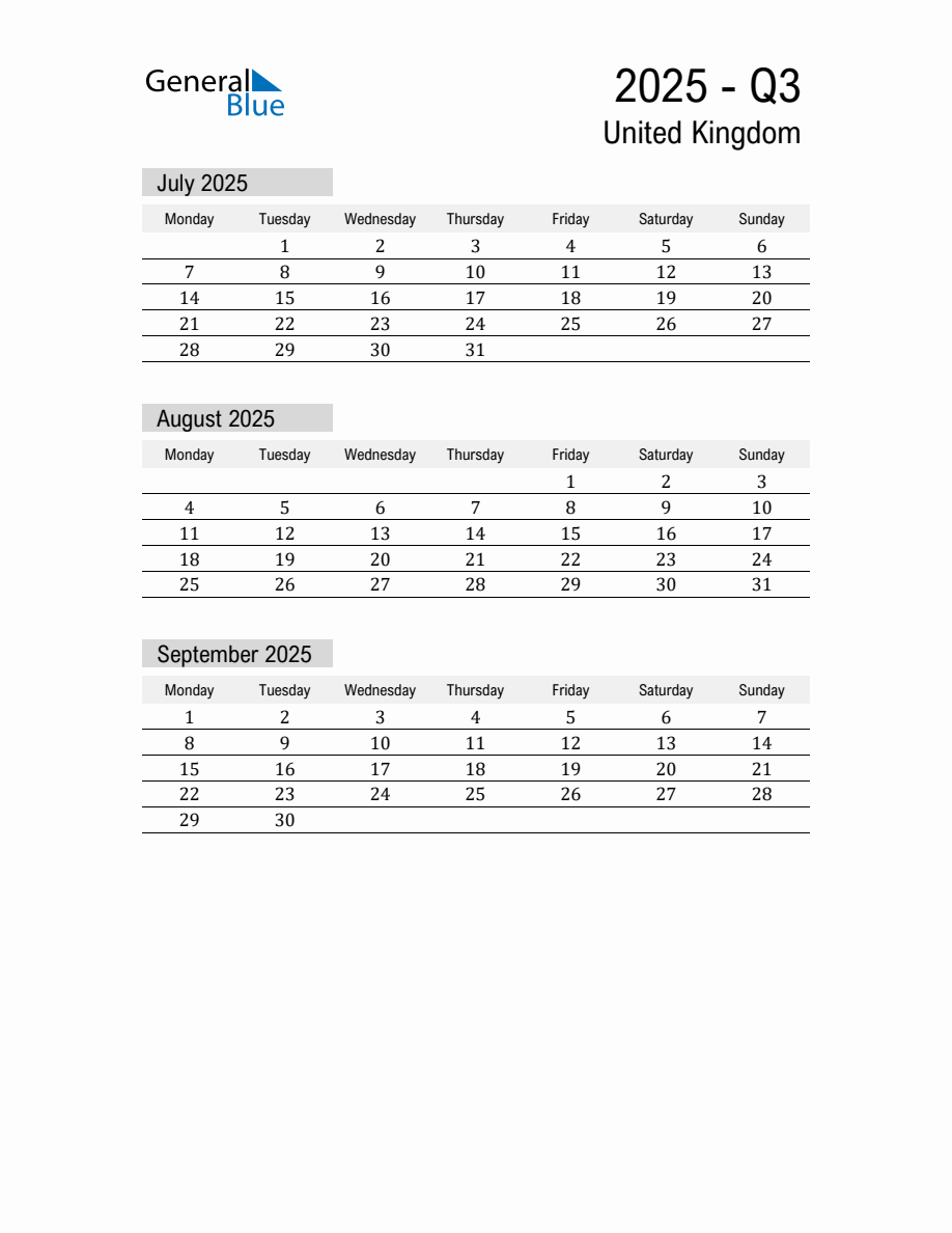 United Kingdom Quarter 3 2025 Calendar with Holidays