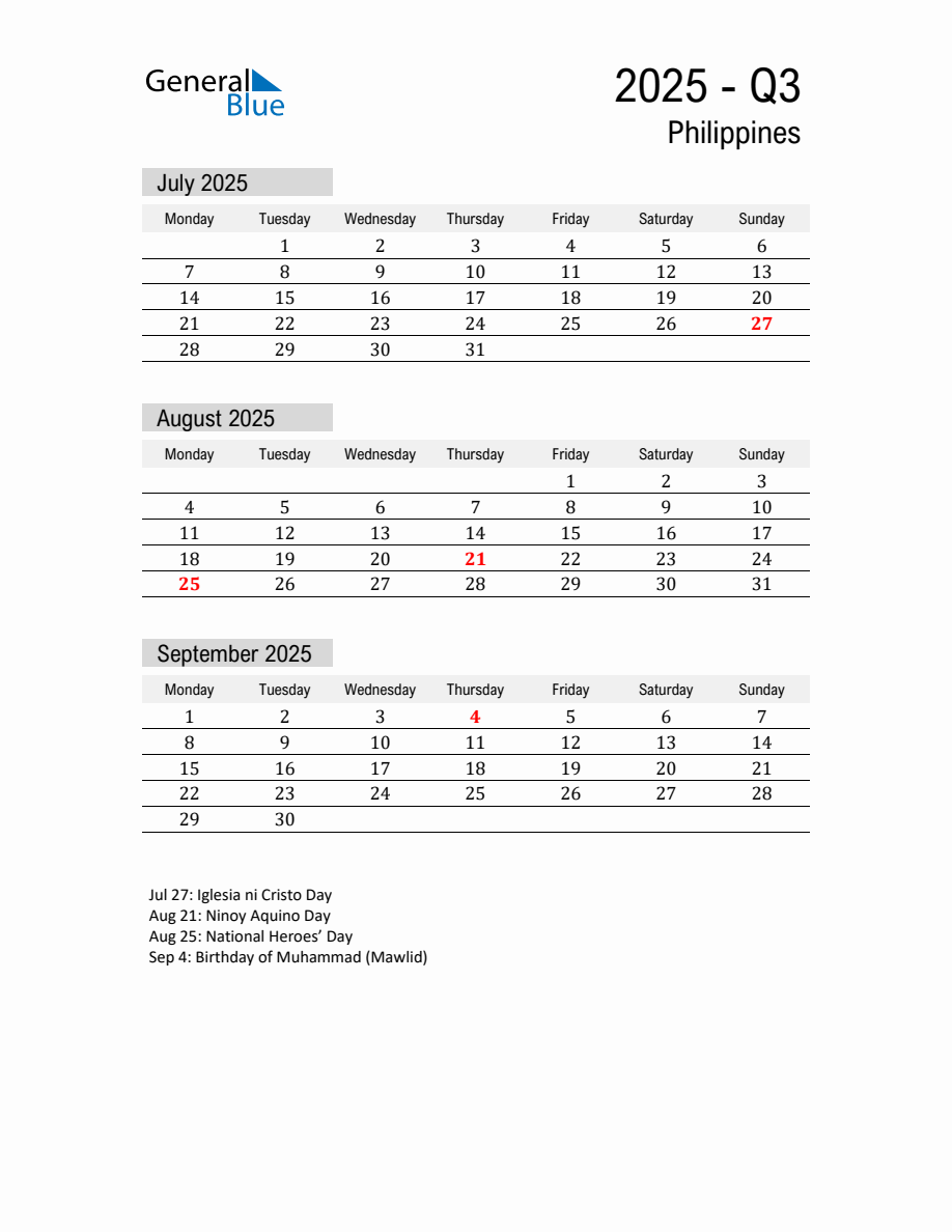 Philippines Quarter 3 2025 Calendar with Holidays