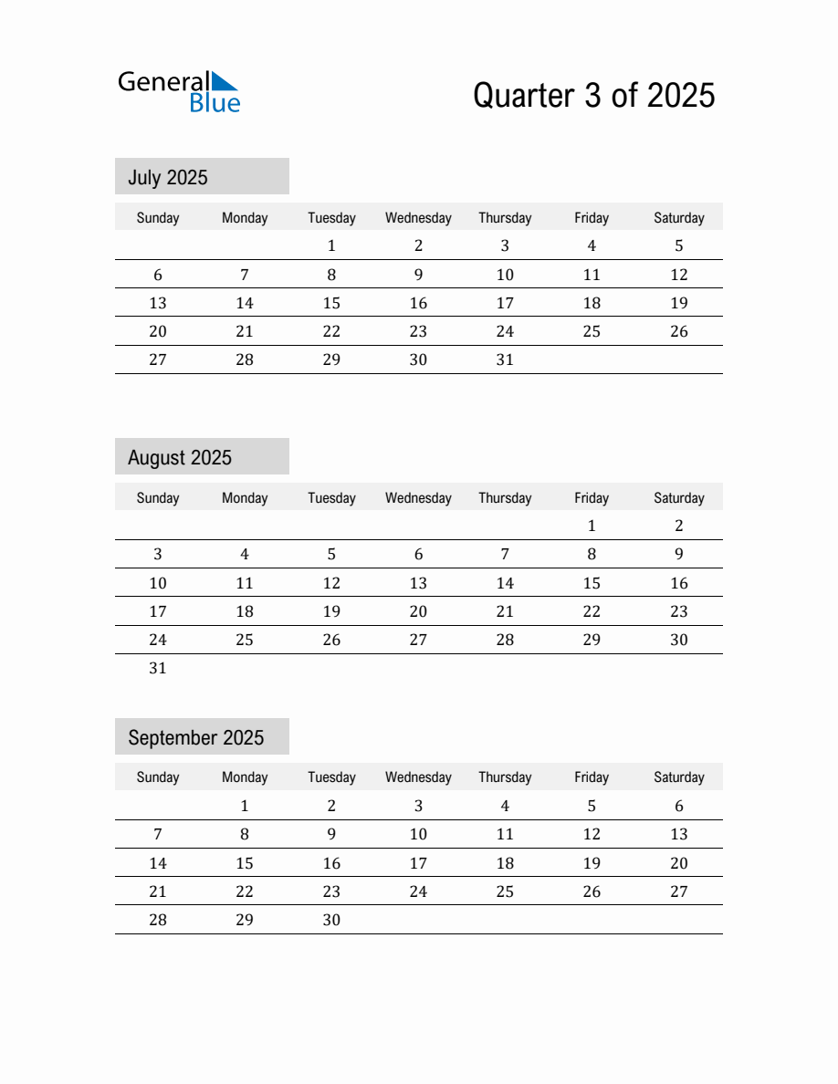 July, August, and September 2025 Calendar Template