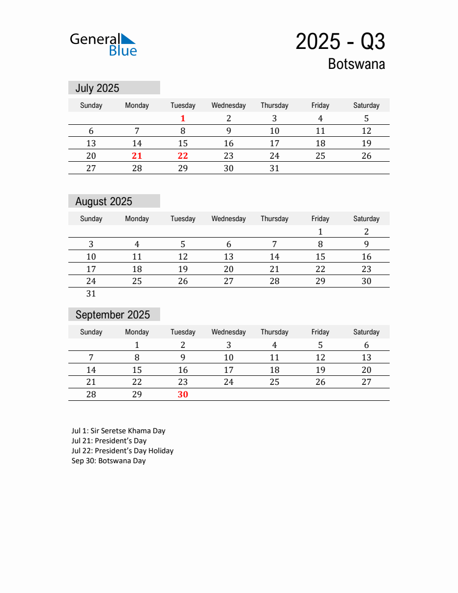 Botswana Quarter 3 2025 Calendar with Holidays