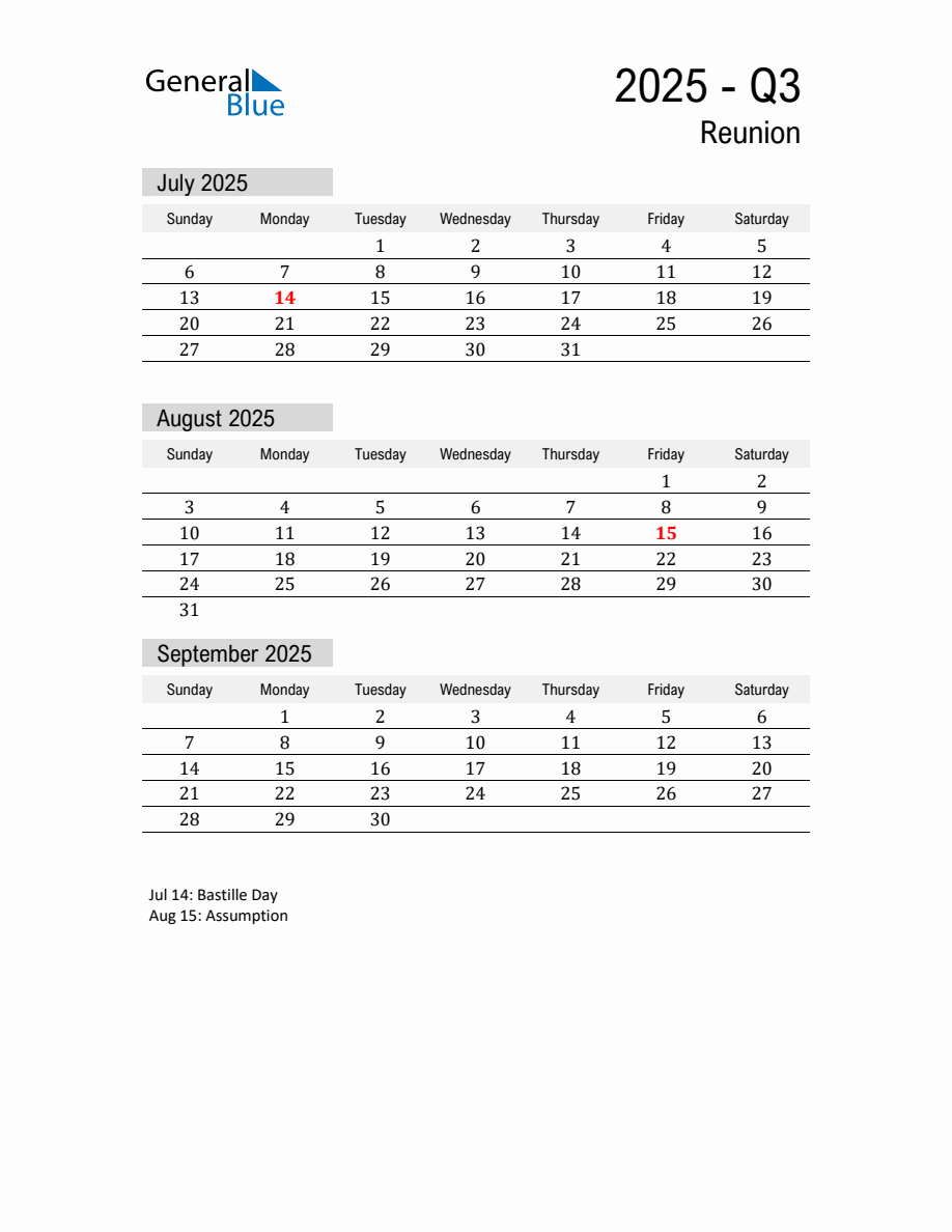 Reunion Quarter 3 2025 Calendar with Holidays