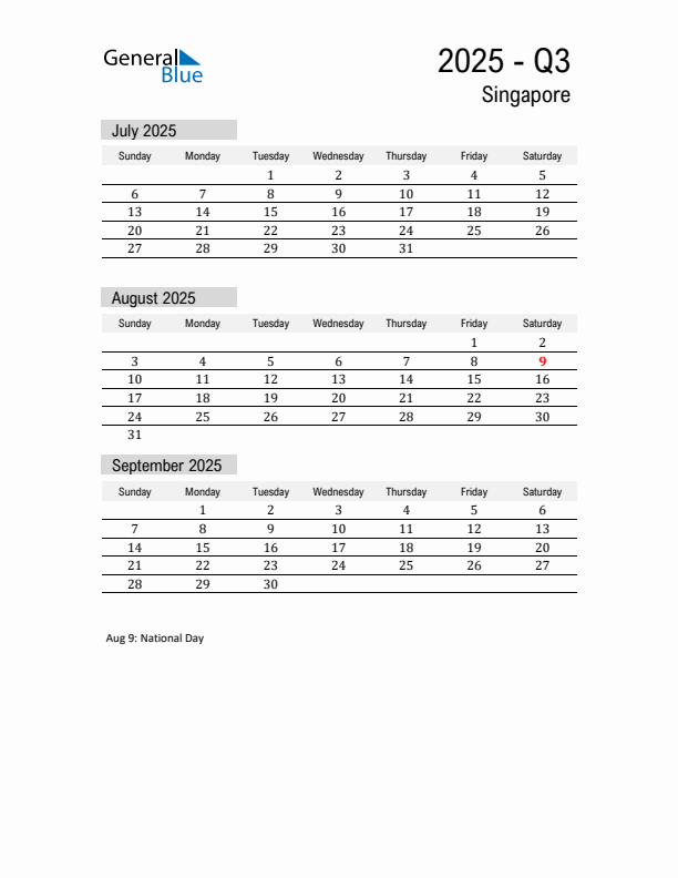 Singapore Quarter 3 2025 Calendar with Holidays
