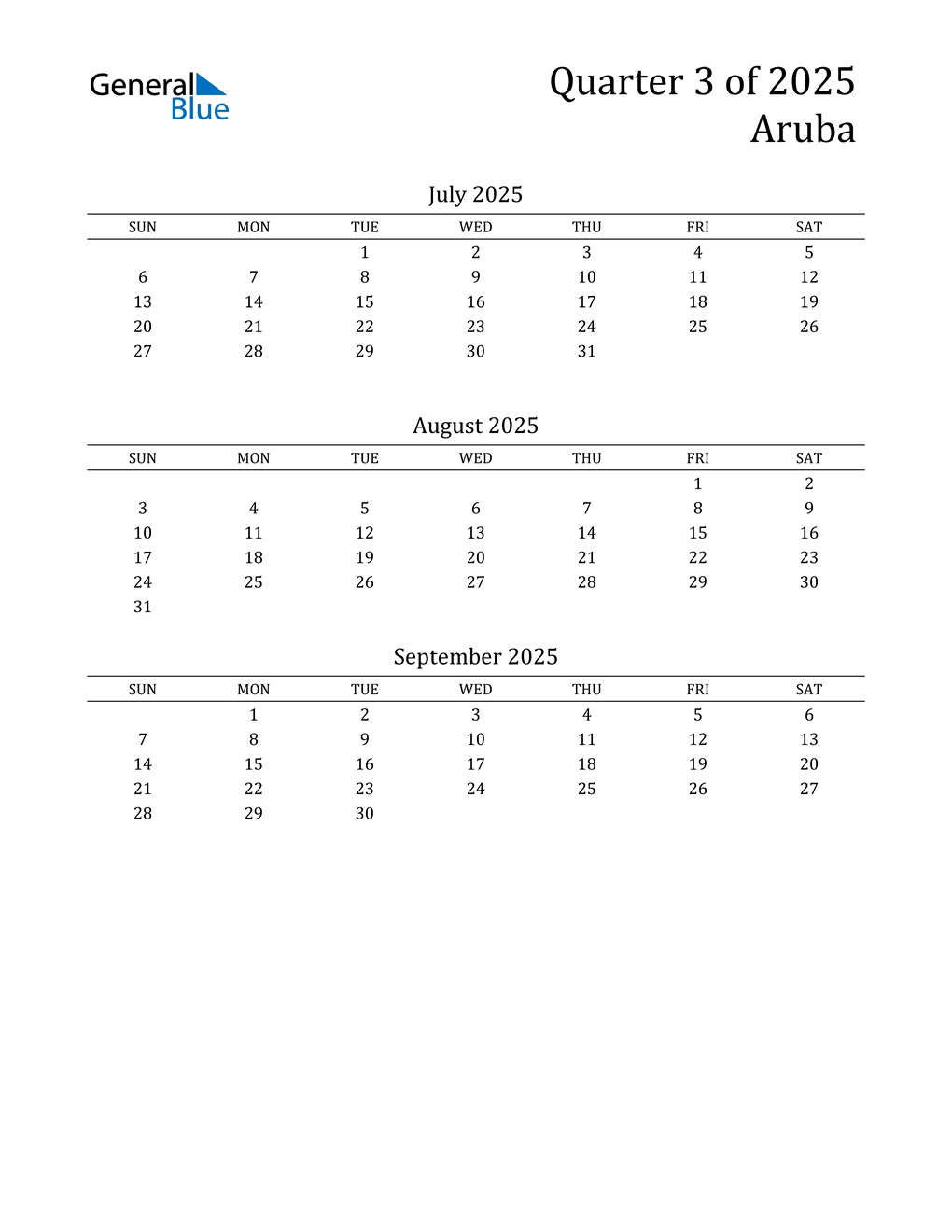  2025 Aruba Quarterly Calendar