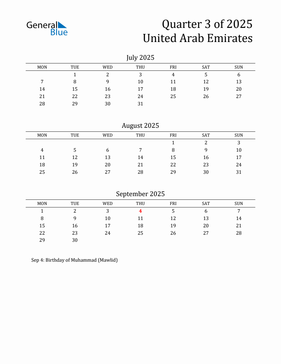 Quarter 3 2025 United Arab Emirates Quarterly Calendar