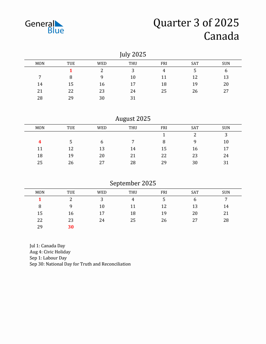 Quarter 3 2025 Canada Quarterly Calendar