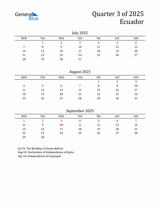 Quarter 3 2025 Ecuador Quarterly Calendar