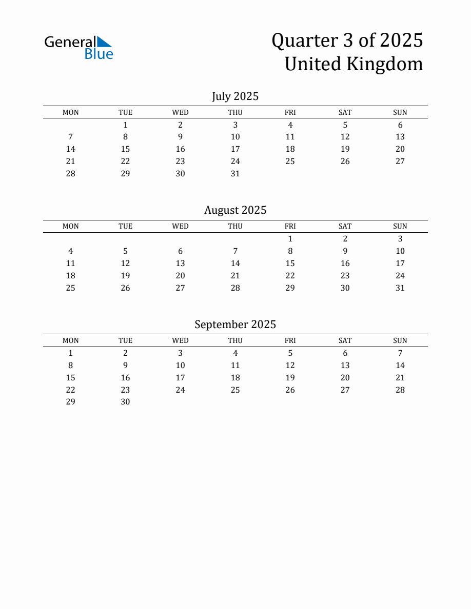 Quarter 3 2025 United Kingdom Quarterly Calendar