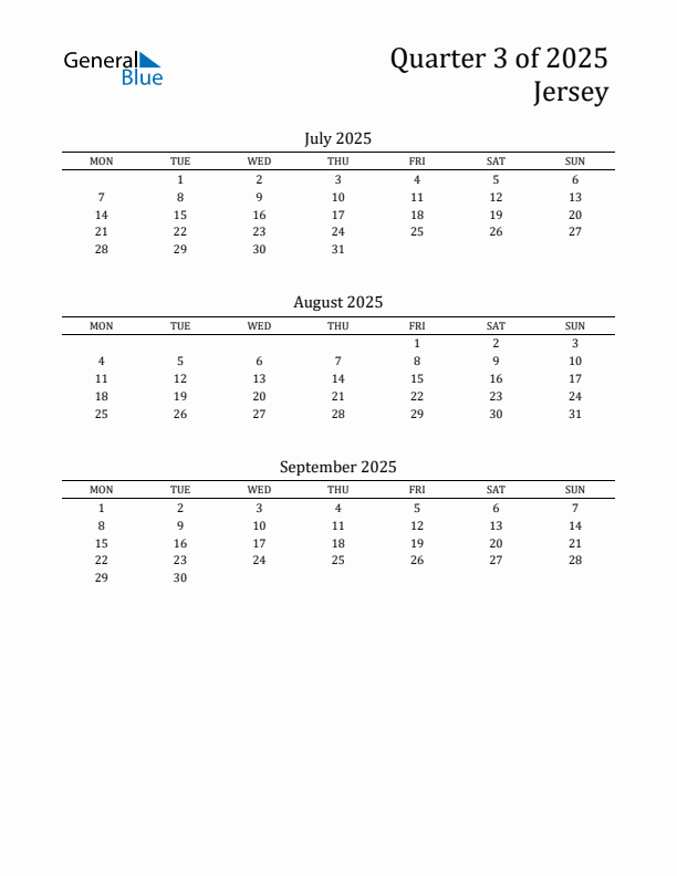 Quarter 3 2025 Jersey Quarterly Calendar