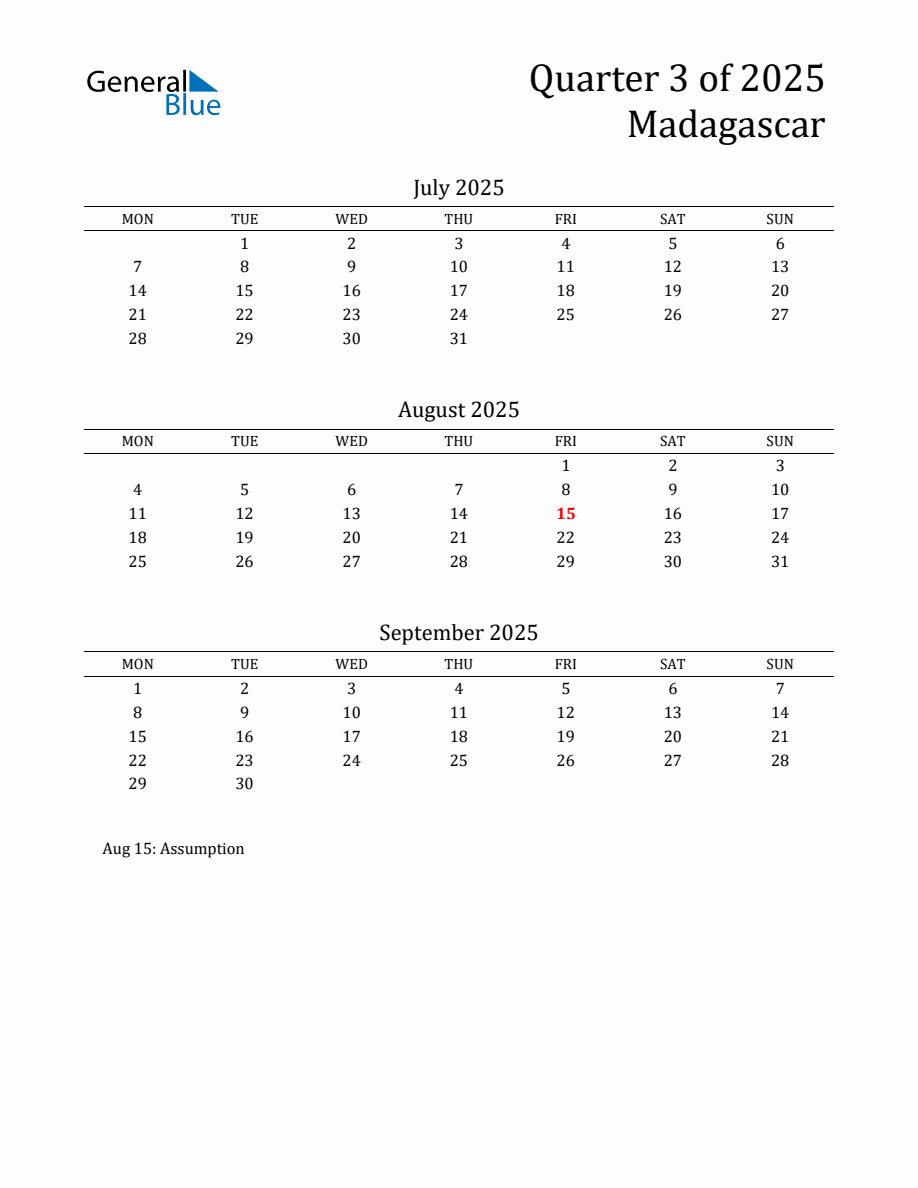 Quarter 3 2025 Madagascar Quarterly Calendar