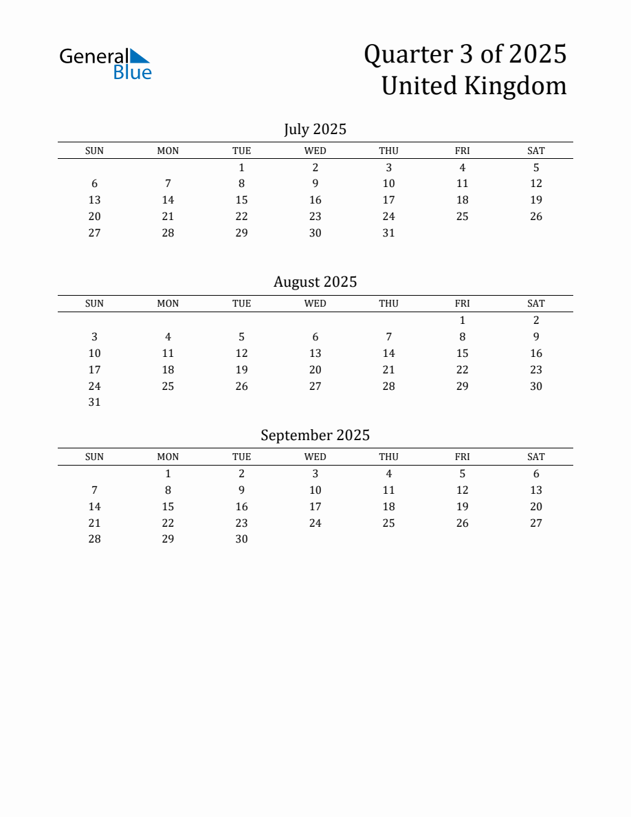 Quarter 3 2025 United Kingdom Quarterly Calendar