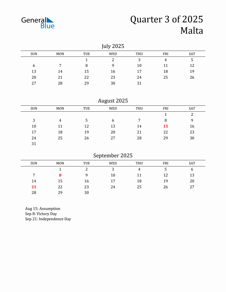 Quarter 3 2025 Malta Quarterly Calendar