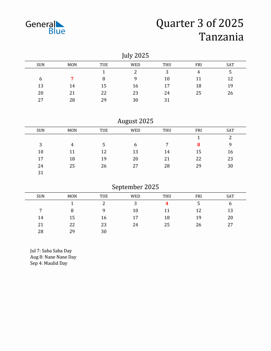 Quarter 3 2025 Tanzania Quarterly Calendar