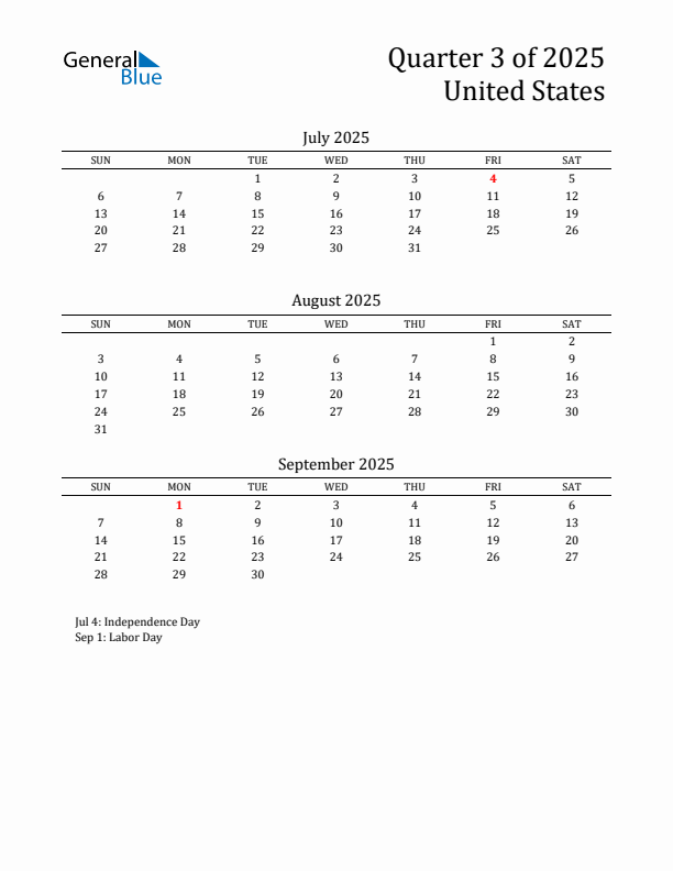 Q3 2025 Quarterly Calendar with United States Holidays (PDF, Excel, Word)